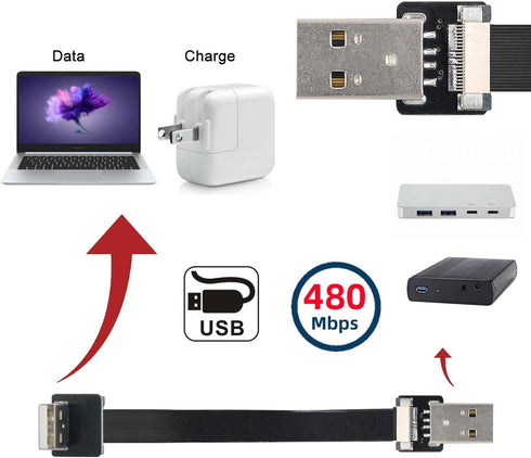cablecc USB 2.0 Type-A Male to Type-A Male Data Flat Slim FPC Cable Down Angled 90 Degree for FPV & Disk & Scanner & Printer 20CM...