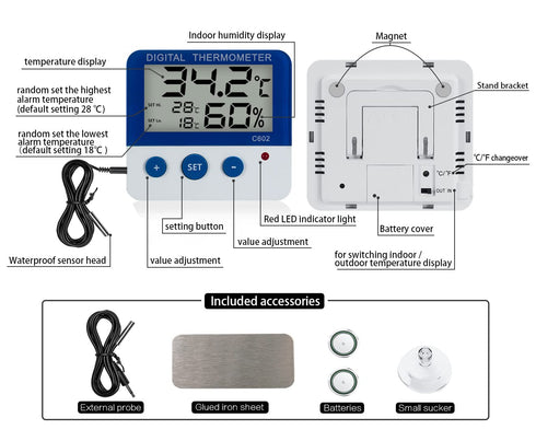 Reptile Thermometer Hygrometer with High Low Temperature Alarm Digital Aquarium Thermometer Temperature Humidity Meter Gauge for Reptile Tanks, Te...