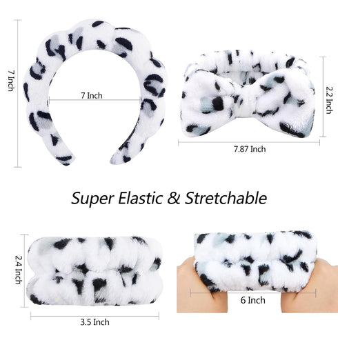 VELSCRUN 4 Pcs Spa Headband, Face Wash Headband, Skincare Headbands, Makeup Headband, Cow Leopard Puffy Sponge Hair Band Bow Tie Bubble Spa Headba...