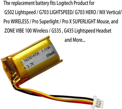 AOLIKES 300mAh Battery Replacement for Logitech MX Vertical G PRO X Superlight, G502 Lightspeed,G703 Hero Lightspeed Gaming Mouse and Zone Vibe 10...