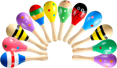 LOOIKOOS 12 PCS Mini Wood Festival Maracas for Kids Toys, Wooden Maracas Festival Painting, Wooden Carnival Maracas Baby Party Favors(Random Color...