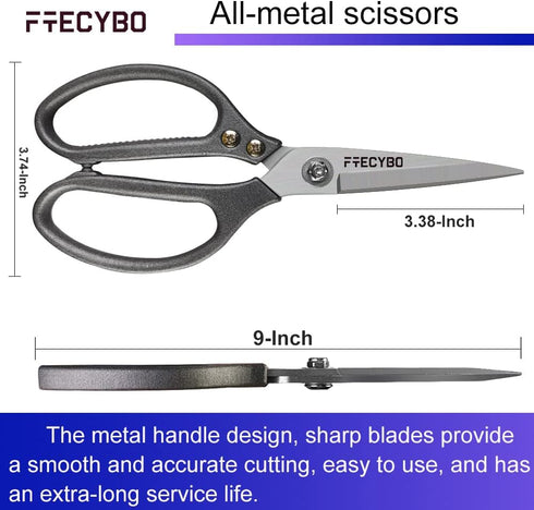 Heavy Duty Scissors 9'', All Purpose, Leather Scissors, Reinforced Stainless Steel Blades with Metal Handles for Home, Office, Easy Cutting Cardbo...