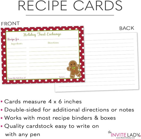 Recipe Cards 4x6 Double Sided 50 count Christmas Cookie Swap Holiday Xmas Baking Treat Exchange Bake Sale Polka Dots Spots Red Green Gingerbread (...
