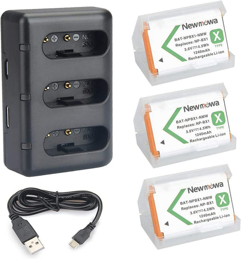 NP-BX1 Newmowa Replacement Battery (3-Pack) and 3-Channel USB Charger Set for Sony NP-BX1, DSC-RX100, DSC-RX100M III,IV, V/VII,ZV-1...