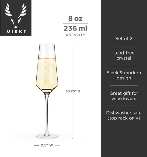 Viski Raye Angled Crystal Champagne Flutes Set of 2 - Premium Crystal Clear Glass, Modern Stemmed, Champagne Glass Gift Set - 8oz...