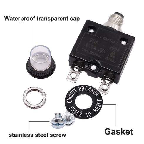 smseace 20Amp Electric Button Breaker 125/250VAC,Thermal Overload Protector L1 Series with Quick Connect Terminals and Waterproof Button Cap L1-ls...