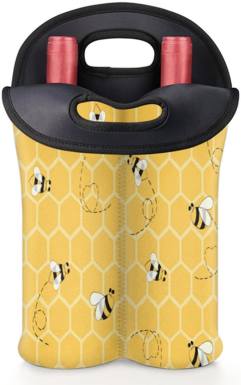 2 Bottle Wine Carrier Tote Bag Cute Bees Insulated Neoprene Portable Bottle Holder Great Gift for Wine Lover, Great for Picnics Travel BYOB, Outdo...