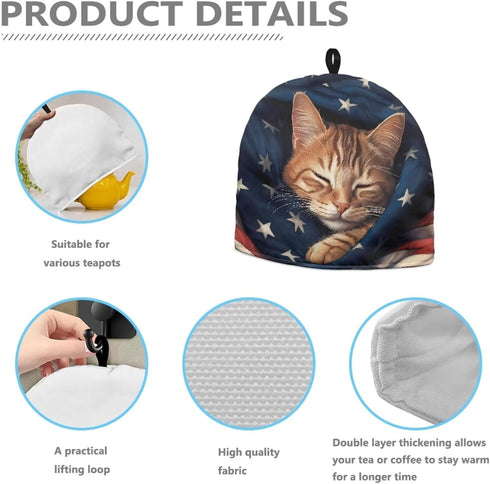Tutolip US Flag Sleeping Cat Tea Pot Cover Warm Keeper with Top Hanging Loop Insulated Tea Kettle Cover Dust Proof Tea Cosies for Kitchen Home Dec...