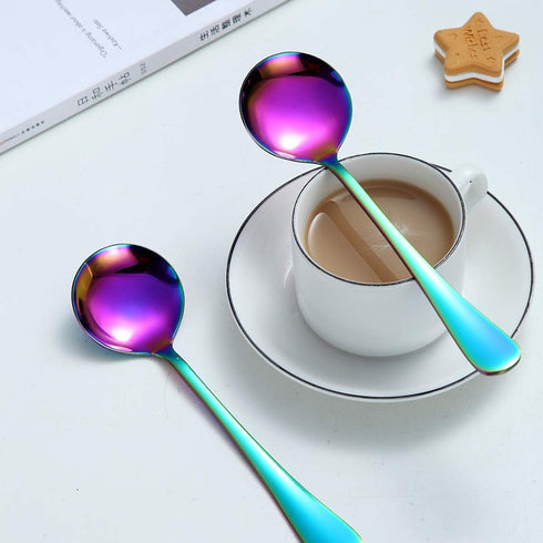 Berglander Rainbow Soup Spoons of 4, 7.5" Stainless Steel Titanium Plating, Multicolor Round, Easy To Clean, Dishwasher Safe...
