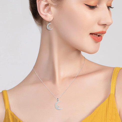 Sterling Silver Round Cubic Zirconia Crescent Moon & Star Dangle Earrings Star Jewelry for Women Mom...
