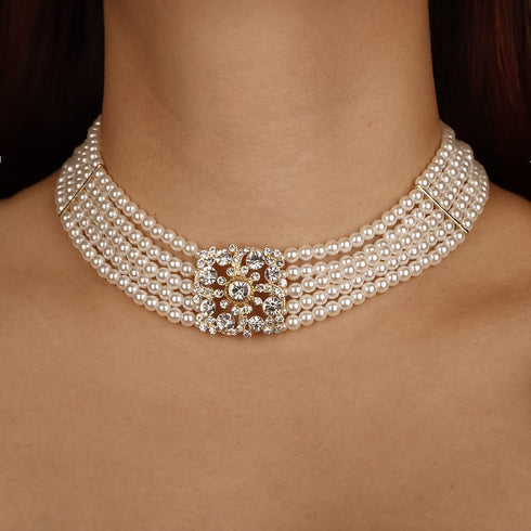 Missgrace Dainty 5 Tier Layered Pearl Rhinestones 1920s Short Choker Necklace for Women Chunky Necklaces Necklace Pearl Pendant Necklaces Pearl Ch...