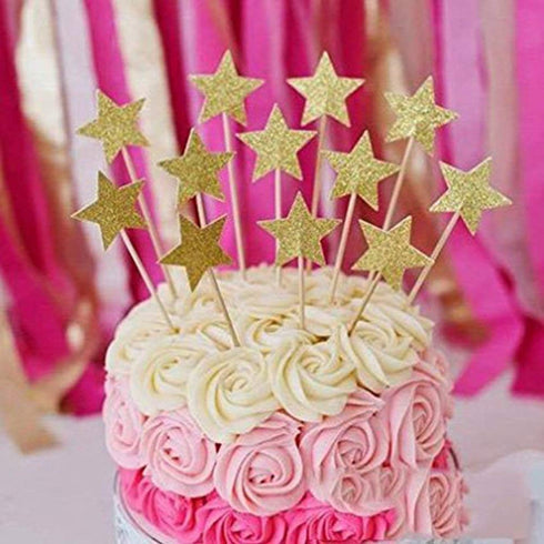 Hvogvok 72 pcs Cupcake Toppers, Twinkle Gold Star DIY Glitter Mini Birthday Cake Snack Decorations(Star)...