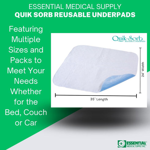 Essential Medical Supply Quik-Sorb 24" x 35" Quilted Birdseye Cotton Reusable Underpad - Waterproof Incontinence Bed Pads for Adults, Washable and...