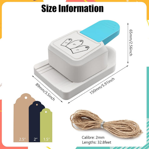 3 in 1 Craft Tag Punch Gift Tag Paper Punch?Paper Craft Tag Punch 1.5" 2" 2.5" with 1 Roll Hemp Rope 32.8 Feet Round Shape Small Hole Punch for Pa...