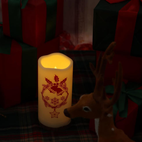 Christmas Theme Outdoor LED Flameless Candle Battery Operated with Timer Flickering LED Pillar Candle Bell Pattern Winter Festival Party Decoratio...