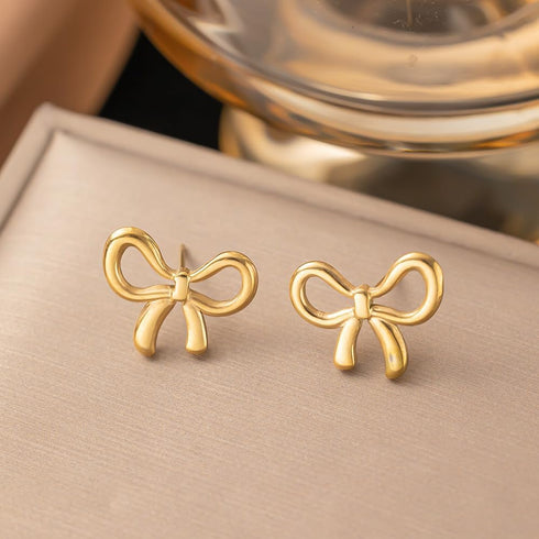 Gold Bow Earrings Necklace Bracelet Jewelry Set for Women-Ribbon Bowknot Stud Earrings Pendant Choker Necklace Bracelet 18K Gold Plated Bow Valent...
