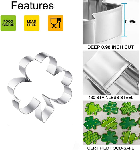 Clover Cookie Cutter Set, 4-Piece St. Patrick's Day Shamrock Cookie Cutter Set, Metal Irish Holiday Party Supplies 4'', 3.2'', 1.85'', 1.3'', Stai...