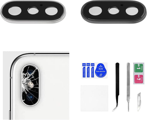 2 Sets for iPhone X Back Camera Lens Replacement with Metal Frame for iPhone 10 Space Gray Silver Color HD Tempered Rear Camera Lens Cover with Re...