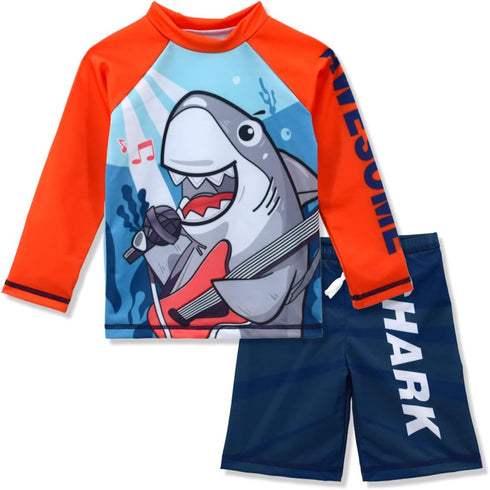 Boys Two Piece Rash Guard Swimsuits Kids Long Sleeve Sunsuit Swimwear Sets Rock Shark Pattern 5T...