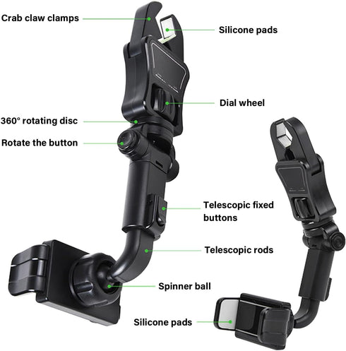 Car Rear View Mirror Phone Holder, 360° Rotating Rearview Mirror Phone Mount, ABS Multi-Functional Adjustable Cellphone Holder, Universal Car Phon...