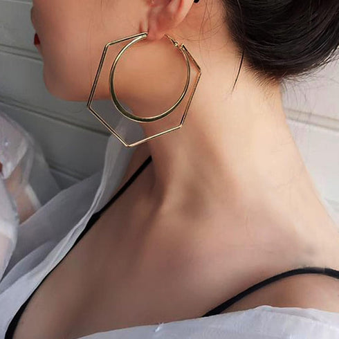 Bohemian Geometric Hexagon Earrings Large Hoop Earrings Gold Hollow Circle Hoops Earrings Big Circle Hoop Earrings Exaggerated Statement Earrings ...