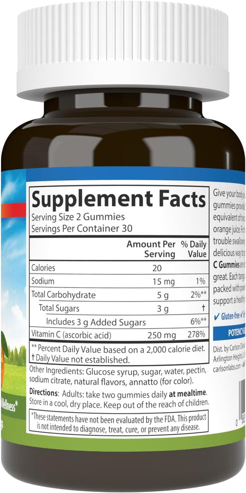 Carlson - Vitamin C Gummies, 250 mg, Immune Support & Antioxidant Power, Optimal Wellness, Orange, 60 Vegetarian Gummies...