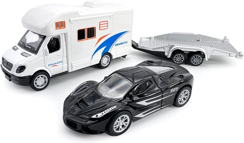 Toy Camper RV Trailer Towing Supercar Sports Model Car Diecast Motorhome Toys for Boys Pull Back Toy Cars, Beach Sandbox Outdoor Adventure Play Se...