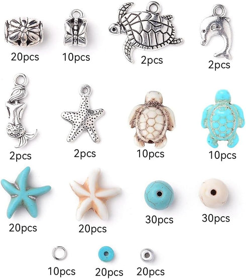 208Pcs Ocean Theme Turquoise Beads Summer Beach Beads Starfish Mermaid Turtle Charms Beads Alloy Sea Pendants Loose Spacer Beads Turquoise Jewelry...