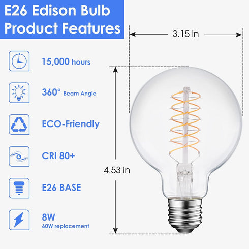 E ENERGETIC LIGHTING Dimmable LED Edison Light Bulb, G25 Globe Antique Flexible Spiral LED Filament Light, 8W Equivalent 60W, 2200K Warm Light, 50...