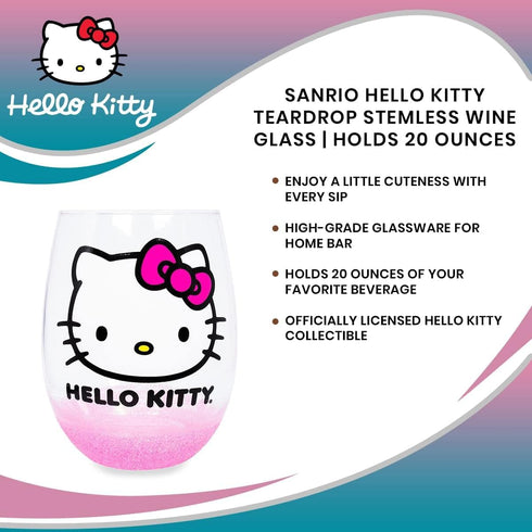 Silver Buffalo Sanrio Hello Kitty Teardrop Stemless Wine Glass With Dipped Bottom | Tumbler Cup For Mimosas, Cocktails | Home Barware For Liquor, ...