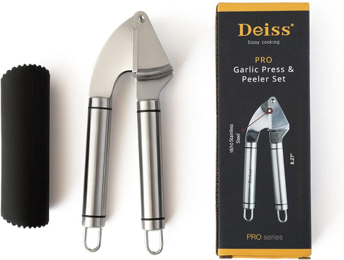 Deiss PRO Garlic Press and Silicone Garlic Peeler Set - Stainless Steel Rust Proof Garlic Mincer & Garlic Crusher for Ginger & Nuts, Garlic Roller...