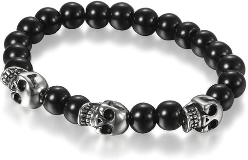 Flongo Men's Biker Stainless Steel Skull Skeleton 8MM Black Bead Stone Bracelet...