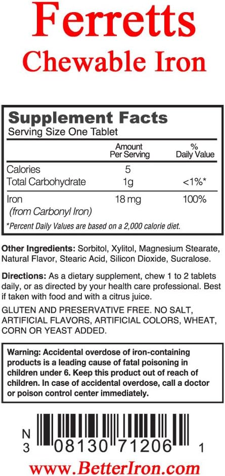 Ferretts Chewable Iron Supplement, 60 Chewable Tablets, 18mg of Iron...