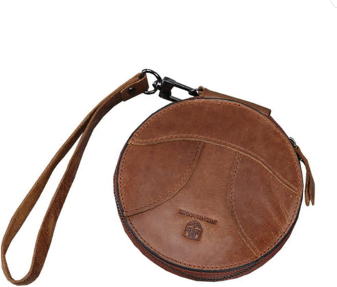 Genuine Leather Patchwork Retro Round Coin Purse Change Pouch Small Slim Clutch Wristlet RFID Blocking Wallet (Brown)...