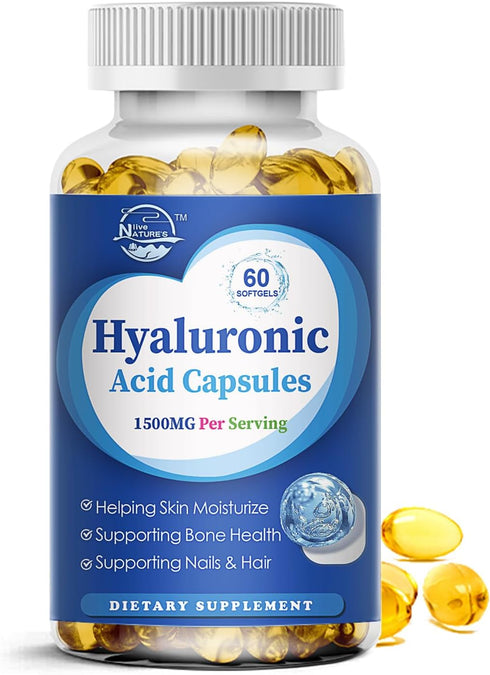 Nature's live Hyaluronic Acid Supplements, 1500mg High Bioavailable Dietary Hyaluronic Acid Capsules, Double Strength Skin Hydration, Joint Lubric...