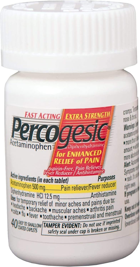 Percogesic Aspirin Free Pain Relief Tablets, Extra Strength, Acetaminophen and Diphenhydramine, 40 ct (Pack of 1)...