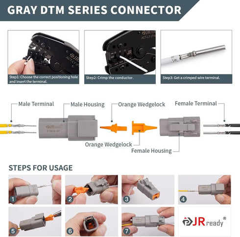 JRready ST6329-3 Deutsch DTM Gray 3 Pin Connector(4 Set), Waterproof Electrical Wire Connectors with Size 20 Stamped Contact and Seal Plugs for Tr...