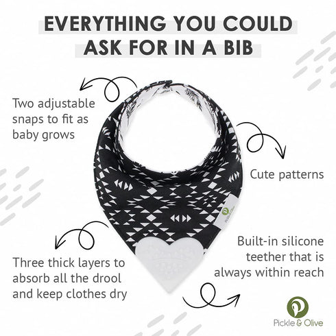 Pickle & Olive Reversible Baby Teething Bibs - Attached Heart Shaped Teether - Monochrome - Set of 2...