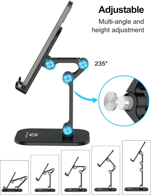 OCYCLONE Cell Phone Stand + 2 PCS Cable Organizer, Angle Height Adjustable iPhone Stand for Desk, Foldable Cell Phone Holder Tablet Stand Compatib...