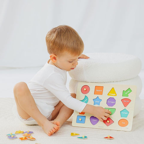GRINNNIE Toddler Shape Puzzle for 1 2 3 Years Old Boys and Girls, Montessori Wooden Learning Toys Shape Sorting Peg Puzzle for Toddlers 1-3, Gifts...