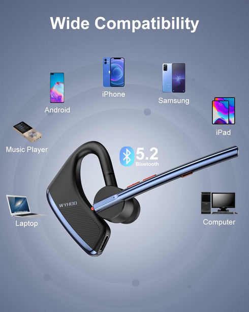 Bluetooth Earpiece V5.2 Wireless Handsfree Headset with CVC8.0 Noise Cancelling Dual Microphone 24Hrs Driving Bluetooth Headset for iPhone Android...