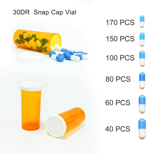 Pill Bottles with Snap Caps, Not Child Resistant Cap, Prescription Vials - Easy Open - Empty Medicine Plastic Containers for Personal Medication &...