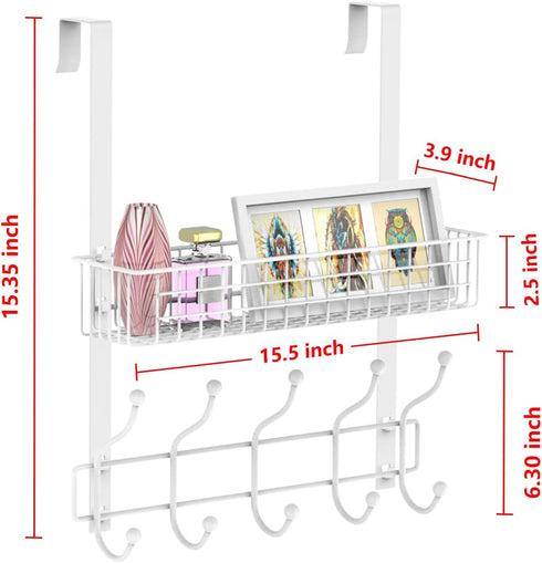 Coat Rack, Over The Door Hanger with Mesh Basket, Detachable Storage Shelf for Towels, Hats, Handbags, Coats (White)...