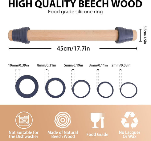 Adjustable 17.5 Inches Wood Rolling Pin with Thickness Rings for Baking -Non Stick Wooden Dough Roller Pin with Spacer Bands for Cookie,Pie Crust,...