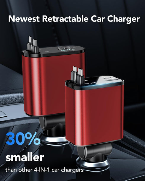 HATALKIN Retractable Car Charger 4 in 1, 69W Fast Car Phone Charger, 2 Retractable Cables and USB C Car Charger, Car Charger Adapter for iPhone 16...