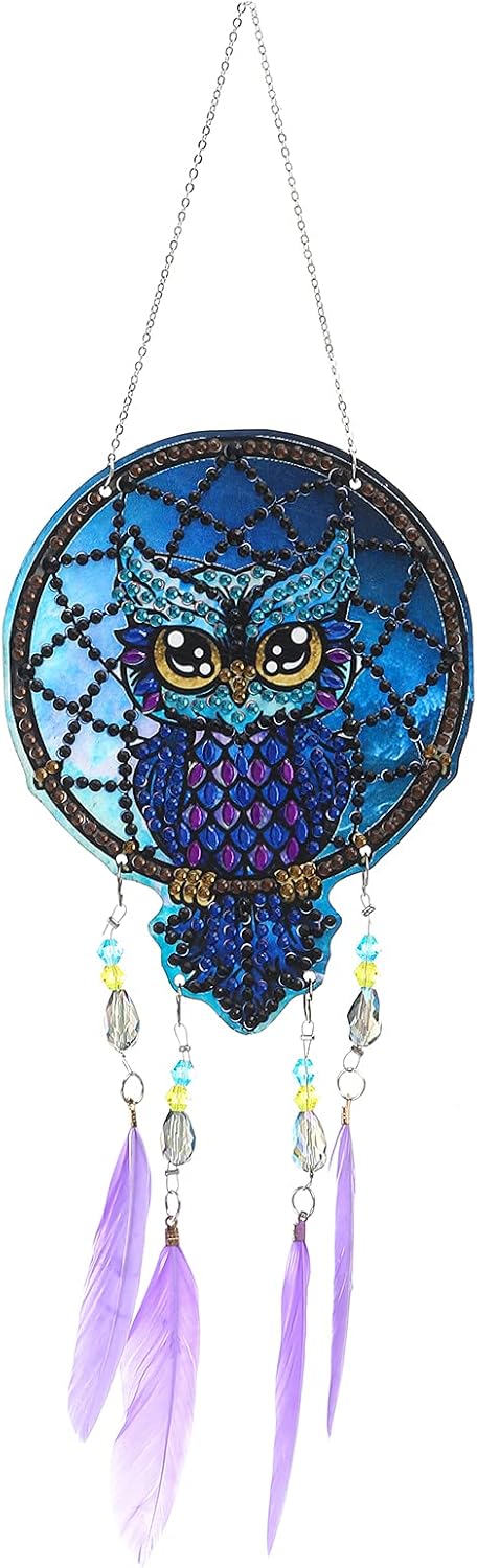 DIY Owl Dream Catcher Diamond Painting Window Hanging Double Side Drill Crystal Rhinestones Diamond Art Wind Chimes Owls with Feathers...