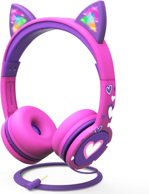 FosPower Kids Headphones with LED Cat Ears (Safe Volume Limit 85 dB), 3.5mm On-Ear Wired Headphones with Laced Tangle-Free Cables for Boys/Girls/S...