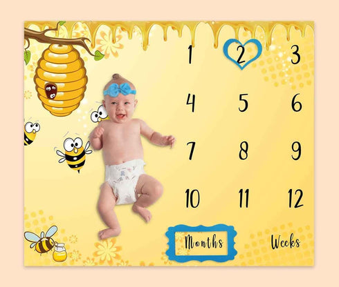 Baby Age Milestone Blanket, Bee Honeycomb Blanket for Nursery, Baby 1-12 Months Growth Chart, includes 4 Frame and 1 Headband 47"x40" BTQQPH33...