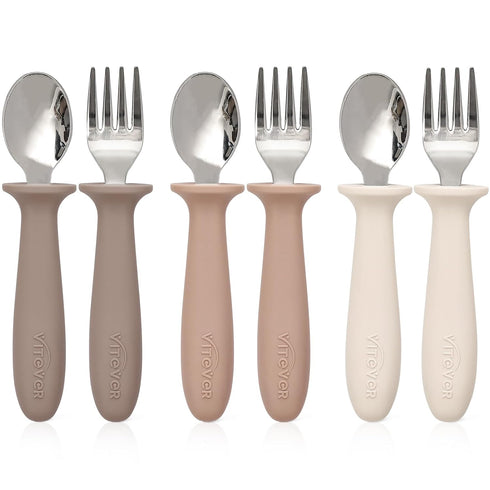6 Pieces Toddler Utensils, Children Silverware Set with Silicone Handle, Kids Safe Spoons and Forks, Dishwasher Safe, 18/8 Stainless Steel, Food-g...