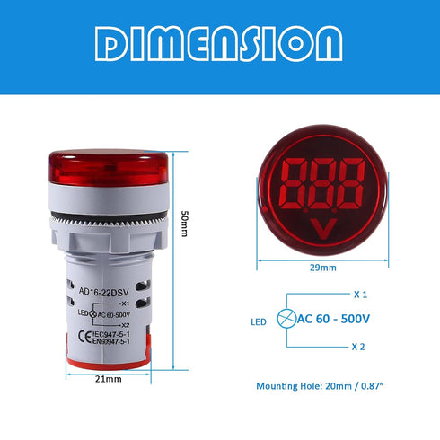 5pcs LED Voltage Meter Indicator AC 60-500V LED Voltmeter Signal Light Digital Display DC Voltage Meter Indicator Round Lamp Tester...